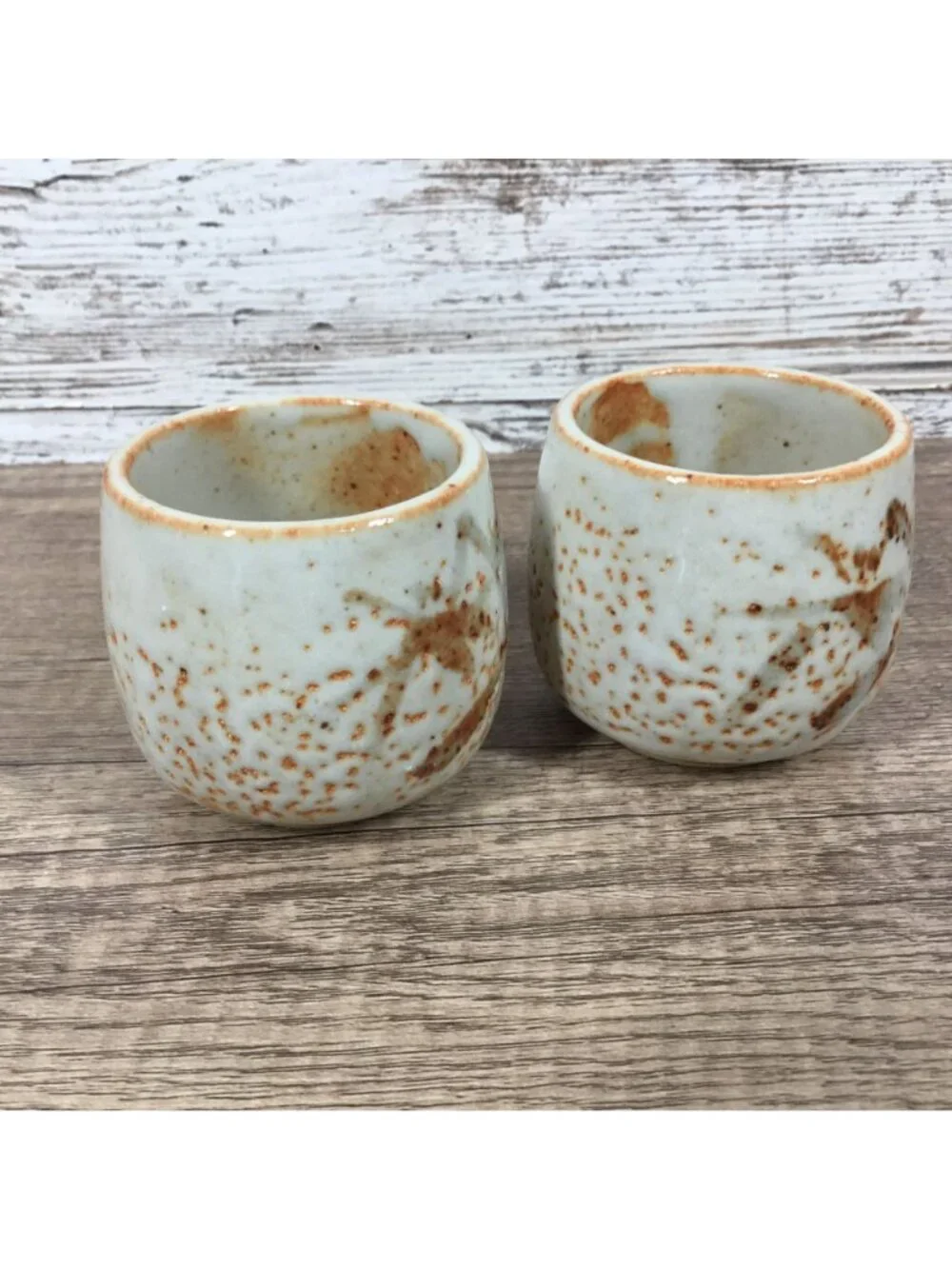 Vintage Japanese Shino Ware Yunomi Teacups Set Of 2 Bamboo Motif Wabi Sabi Studi